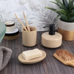 TENDANCE Set d'accessoires salle de bain grès laqué Season color Beige Clearance