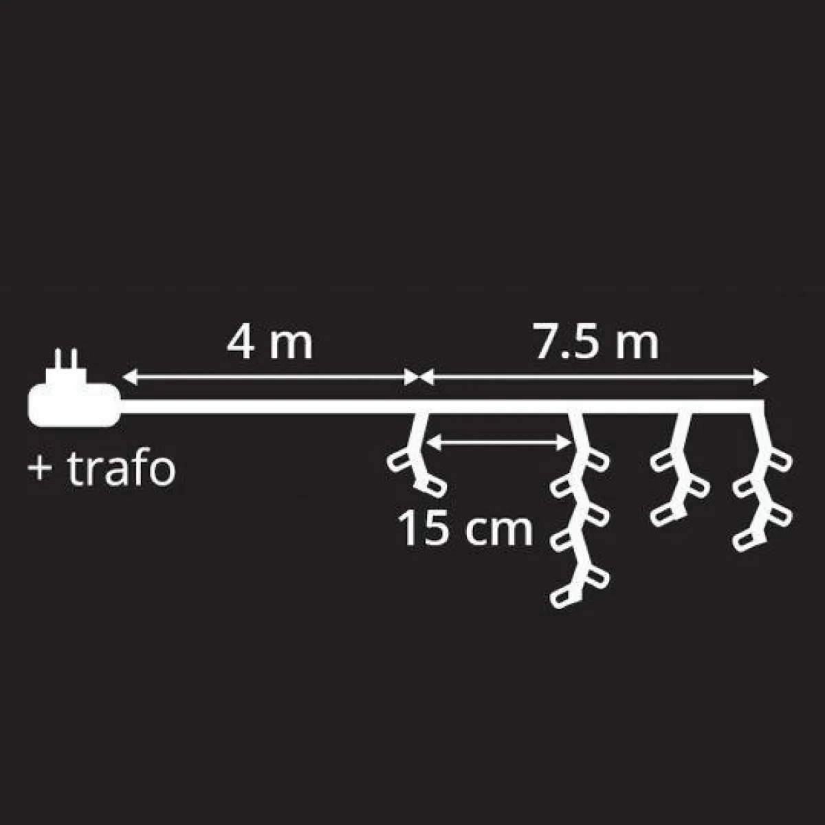 EMINZA Stalactite lumineuse 7,50 m 175 LED câble noir Blanc chaud Sale