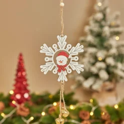 JJA Suspension de Noël en bois (D9 cm) Bonhomme de neige et flocon Blanc Hot