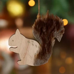 JJA Suspension de Noël en bois (H12 cm) Ecureuil douce fourrure Marron