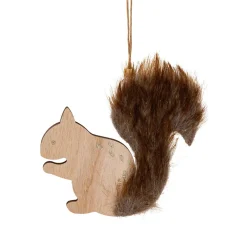 JJA Suspension de Noël en bois (H12 cm) Ecureuil douce fourrure Marron