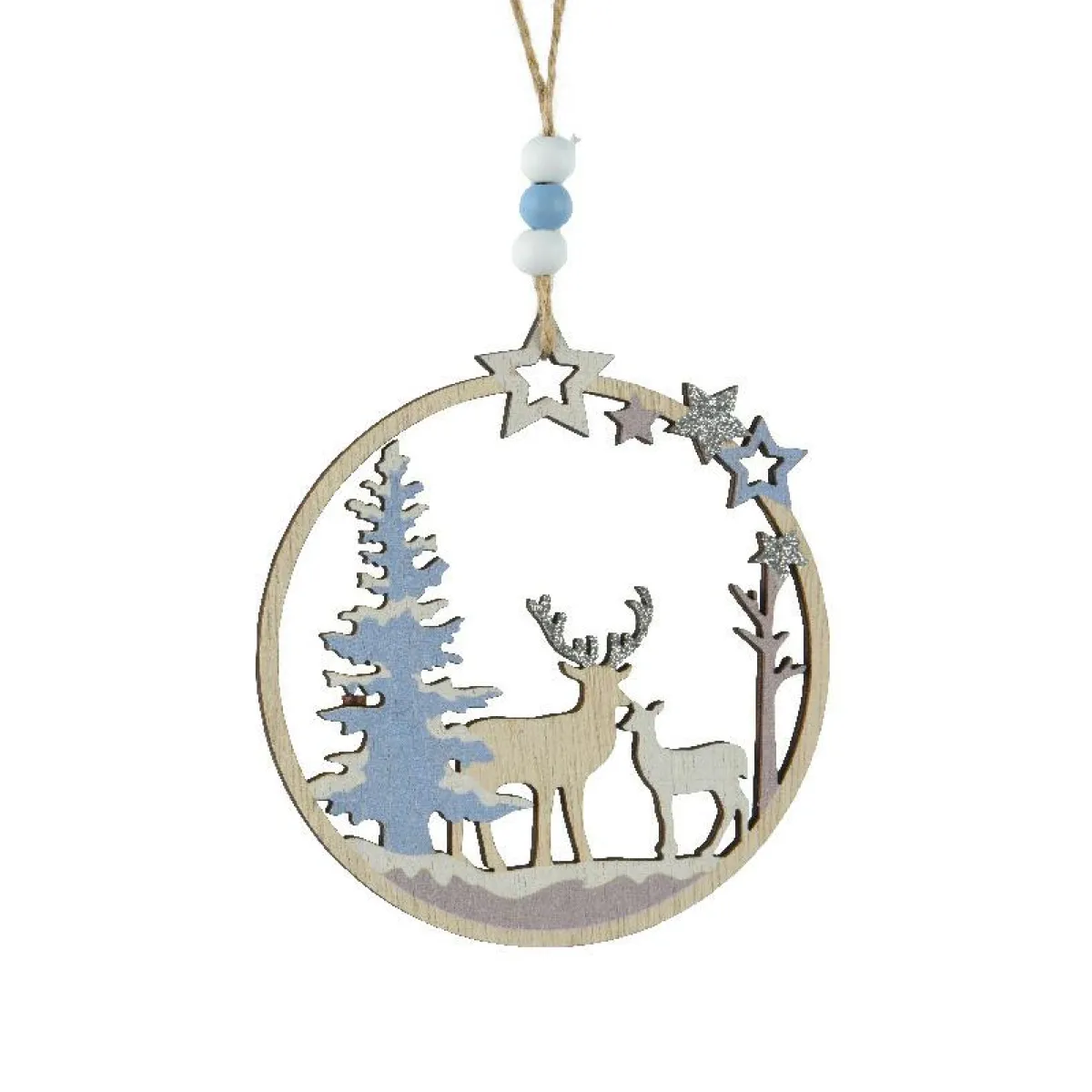 KAEMINGK Suspension de Noël en bois (D11 cm) Renne et biche en forêt Bleu Hot