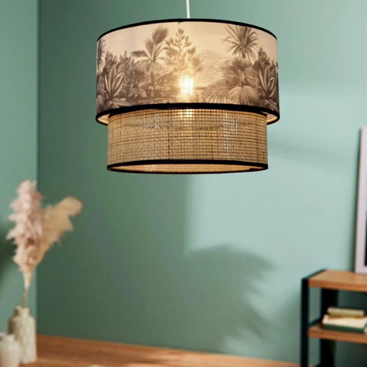 OSTARIA Suspension lumineuse en rotin double (D35 cm) Ombrage et naturel Noir Discount