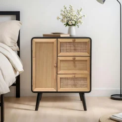 EMINZA Table d'appoint bois et cannage (H60 cm) Osaka et bois Noir