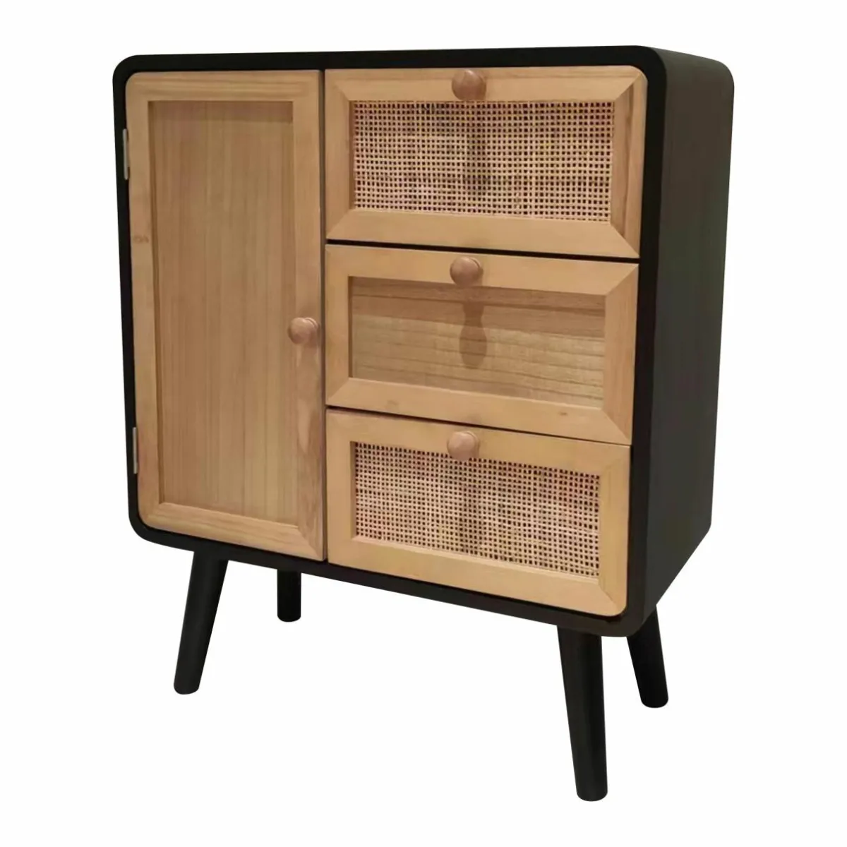 EMINZA Table d'appoint bois et cannage (H60 cm) Osaka et bois Noir