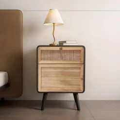 EMINZA Table de chevet bois et cannage (40 x H55 cm) Osaka et bois Noir Best