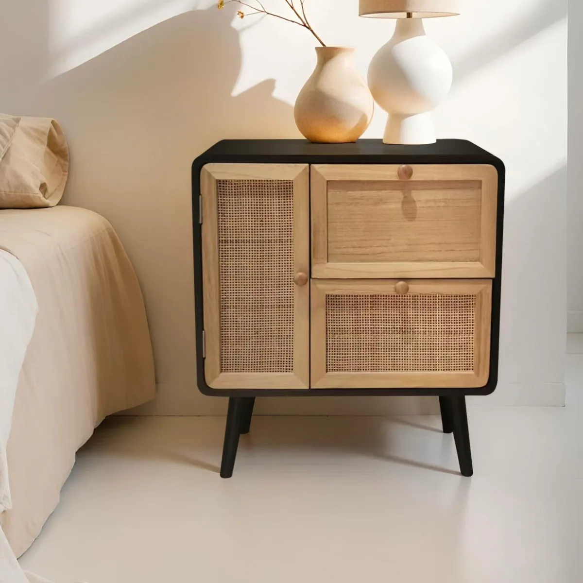EMINZA Table de chevet bois et cannage (50 x H55 cm) Osaka et bois Noir New