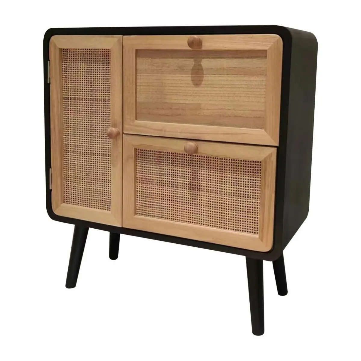 EMINZA Table de chevet bois et cannage (50 x H55 cm) Osaka et bois Noir New