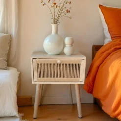 EMINZA Table de chevet bois et cordes de chanvre (H58 cm) Manille tiroir Beige Best