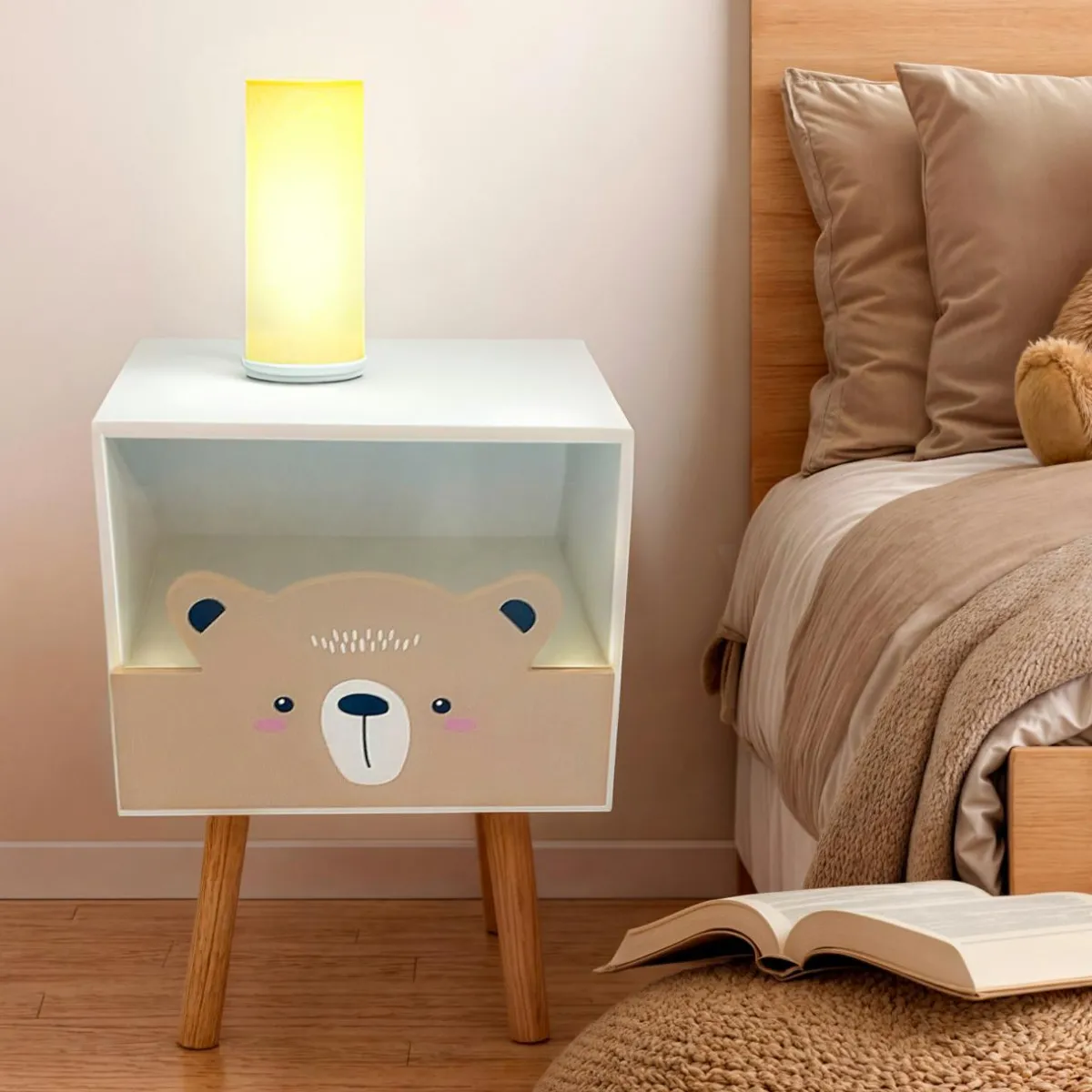 EMINZA Table de chevet enfant bois (H45 cm) Ourson Marron Clearance