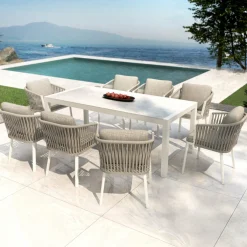 MOBELLIA Table de jardin en aluminium et céramique 8 places (180 x 90 cm) Modena Blanc New