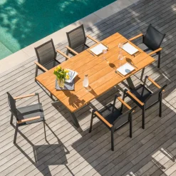 MOBELLIA Table de jardin en aluminium et bois teck 8 places (200 x 100 cm) Bali Gris Anthracite Hot