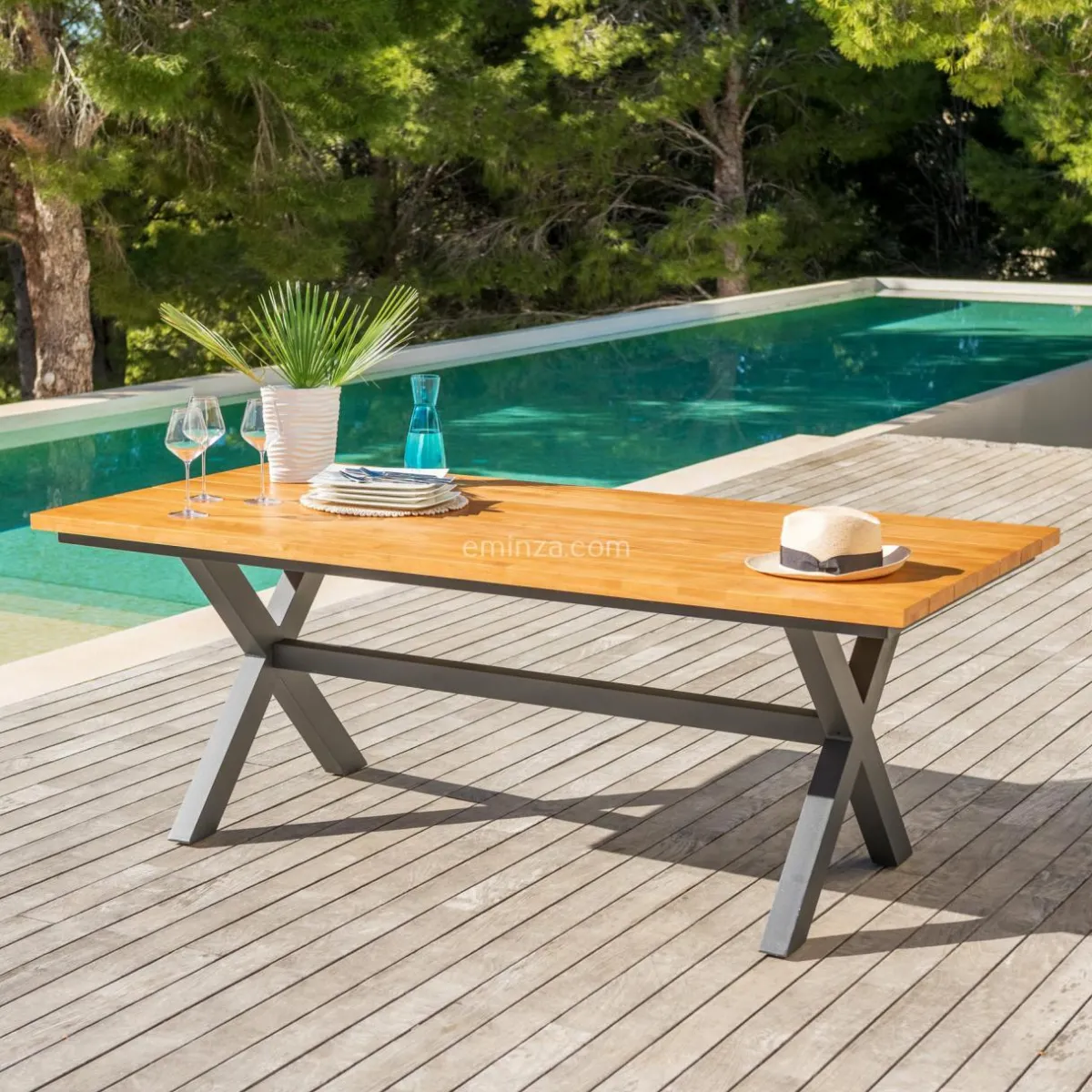 MOBELLIA Table de jardin en aluminium et bois teck 8 places (200 x 100 cm) Bali Gris Anthracite Hot