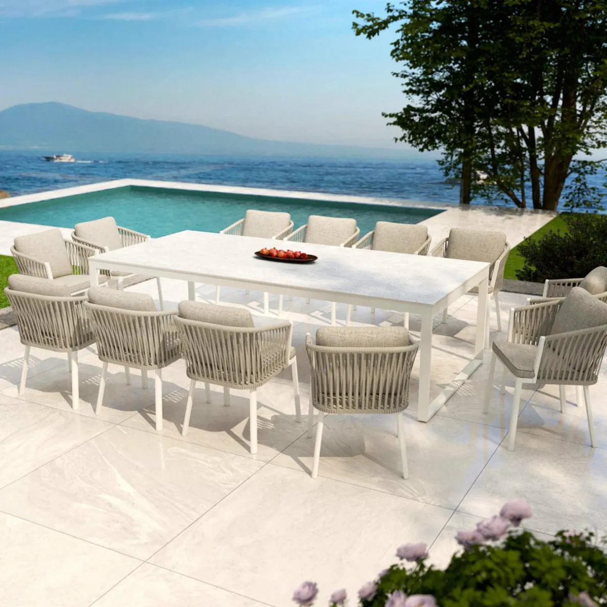 MOBELLIA Table de jardin en aluminium et céramique 12 places (260 x 120 cm) Kore Blanc et Gris clair Discount