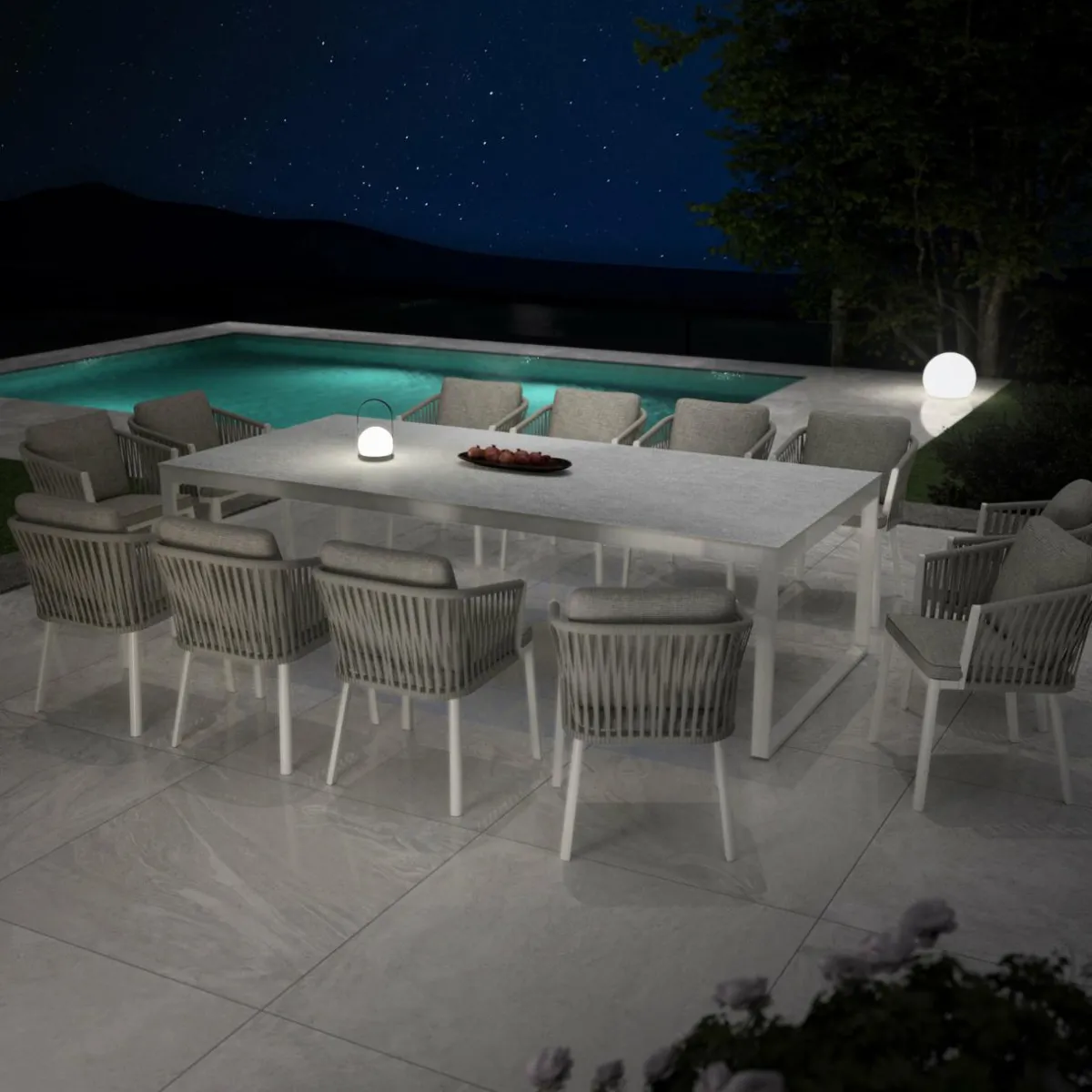 MOBELLIA Table de jardin en aluminium et céramique 12 places (260 x 120 cm) Kore Blanc et Gris clair Discount