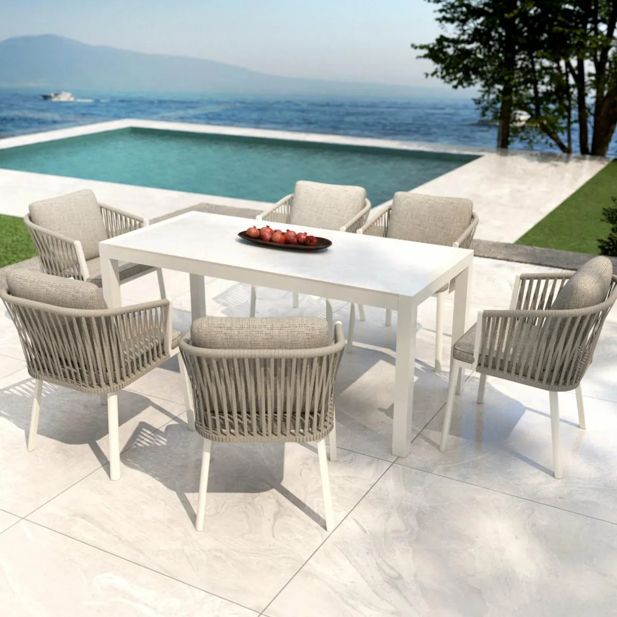 MOBELLIA Table de jardin en aluminium et céramique 6 places (150 x 75 cm) Modena Blanc