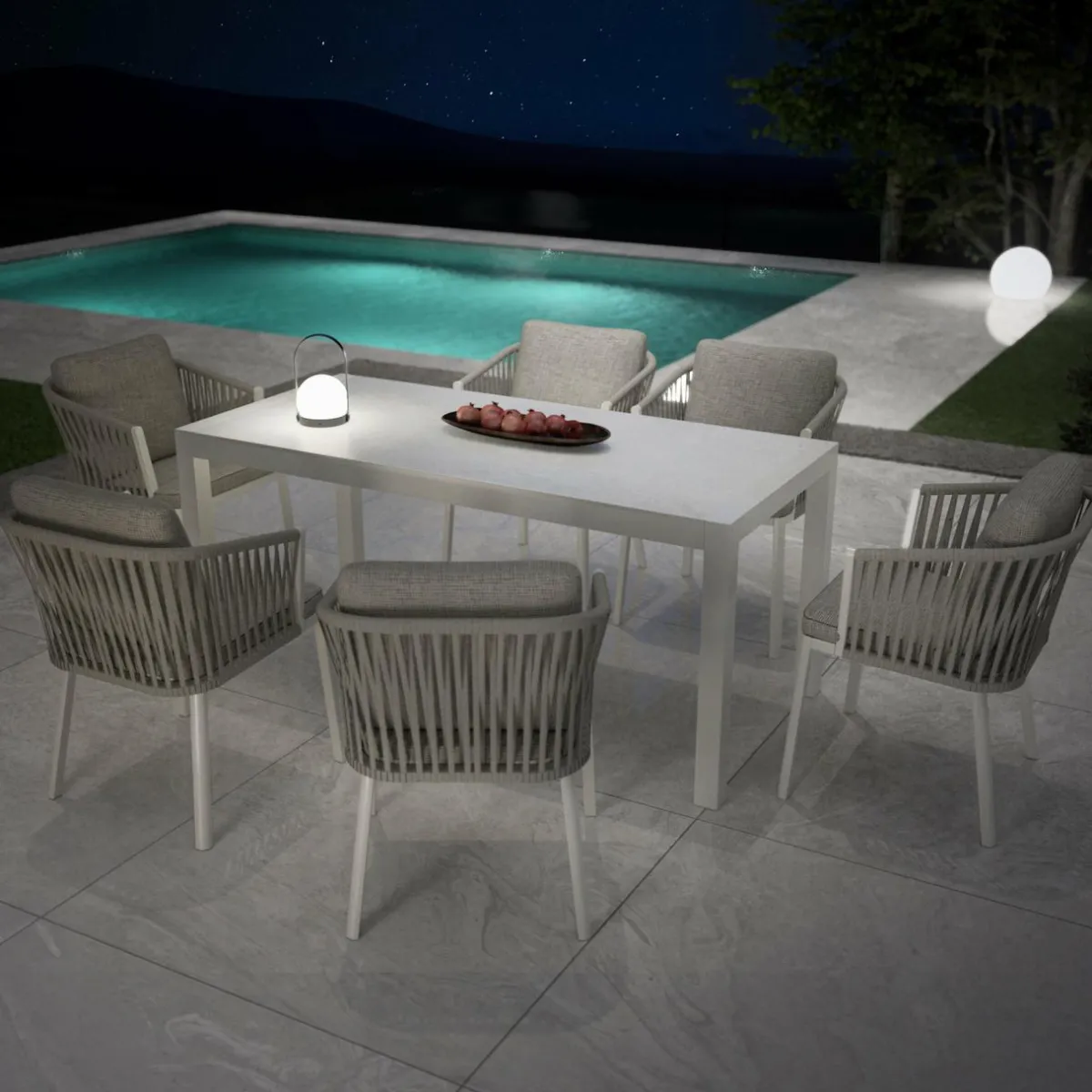 MOBELLIA Table de jardin en aluminium et céramique 6 places (150 x 75 cm) Modena Blanc