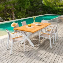 MOBELLIA Table de jardin en aluminium et bois teck 8 places (200 x 100 cm) Bali Blanc Best