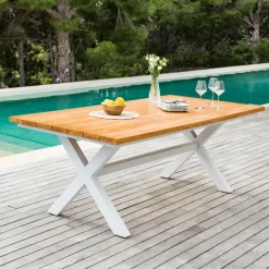 MOBELLIA Table de jardin en aluminium et bois teck 8 places (200 x 100 cm) Bali Blanc Best