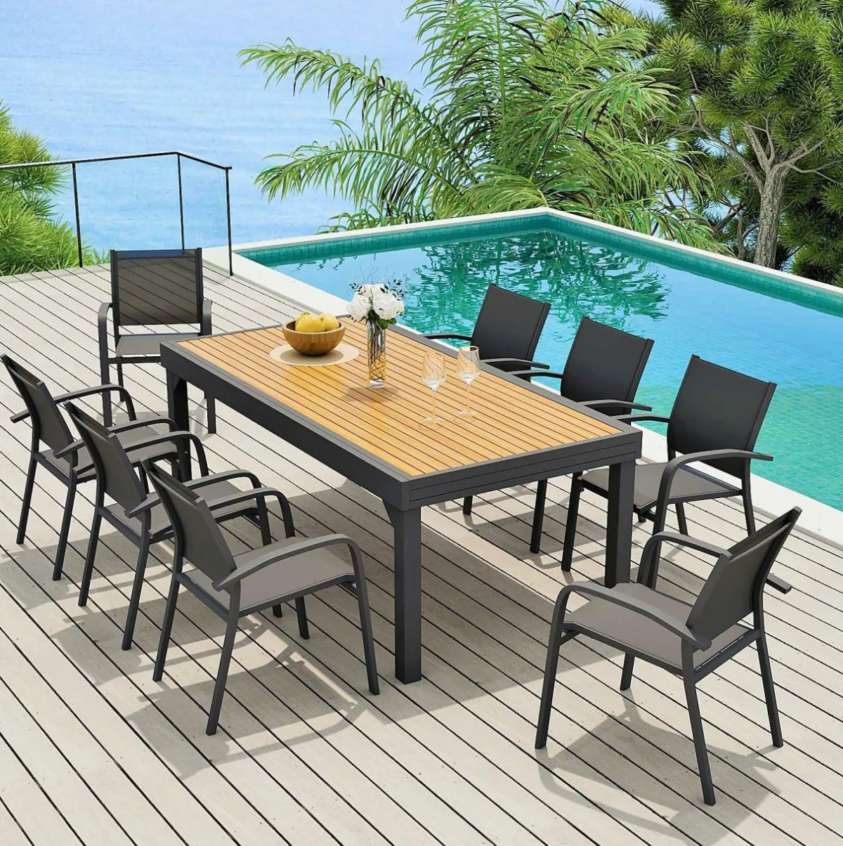 MOBELLIA Table de jardin extensible en aluminium 12 places effet bois (200/320 x 100 cm) Murano Gris Anthracite Online