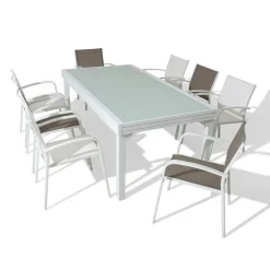 MOBELLIA Table de jardin extensible en verre 12 places (200/320 x 100 cm) Murano Blanc Discount