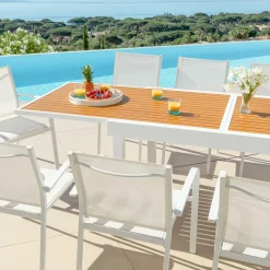 MOBELLIA Table de jardin extensible en aluminium 10 places effet bois (135/270 x 90 cm) Murano Blanc Hot