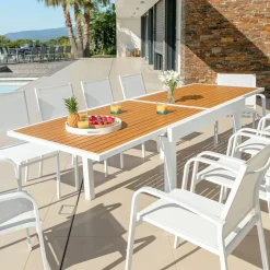 MOBELLIA Table de jardin extensible en aluminium 10 places effet bois (135/270 x 90 cm) Murano Blanc Hot