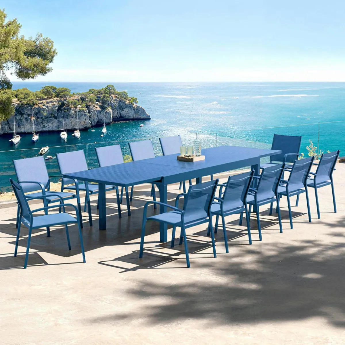 MOBELLIA Table de jardin extensible aluminium 12 places (200/320 x 100 cm) Murano Bleu pétrole Clearance