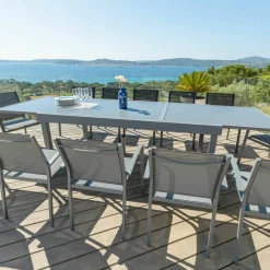 MOBELLIA Table de jardin extensible en verre 12 places (200/320 x 100 cm) Murano Gris Anthracite