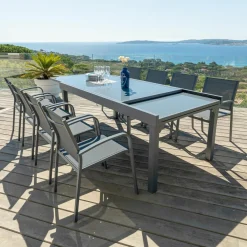 MOBELLIA Table de jardin extensible en verre 12 places (200/320 x 100 cm) Murano Gris Anthracite