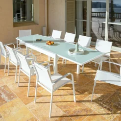 MOBELLIA Table de jardin extensible en verre 10 places (135/270 x 90 cm) Murano Blanc Discount