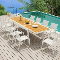 MOBELLIA Table de jardin extensible en aluminium 12 places effet bois (200/320 x 100 cm) Murano Blanc New