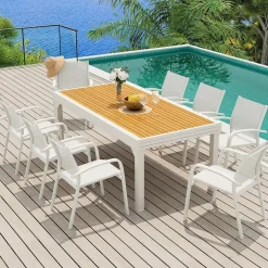 MOBELLIA Table de jardin extensible en aluminium 12 places effet bois (200/320 x 100 cm) Murano Blanc New