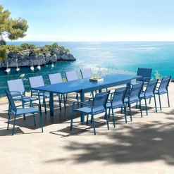 MOBELLIA Table de jardin extensible en verre 12 places (200/320 x 100 cm) Murano Bleu pétrole New