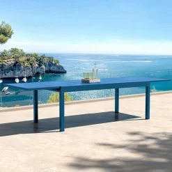 MOBELLIA Table de jardin extensible en verre 12 places (200/320 x 100 cm) Murano Bleu pétrole New