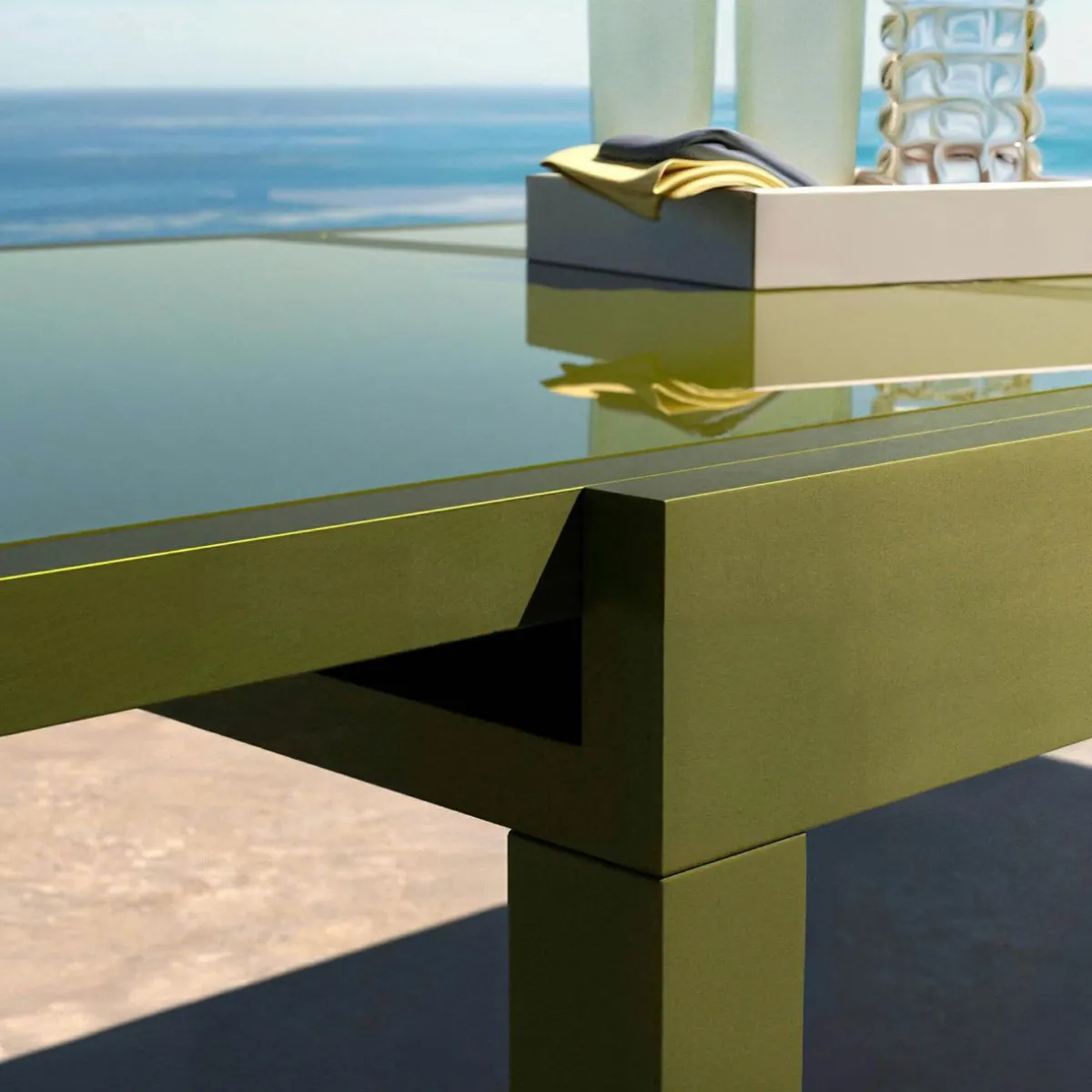 MOBELLIA Table de jardin extensible en verre 12 places (200/320 x 100 cm) Murano Vert olive Discount