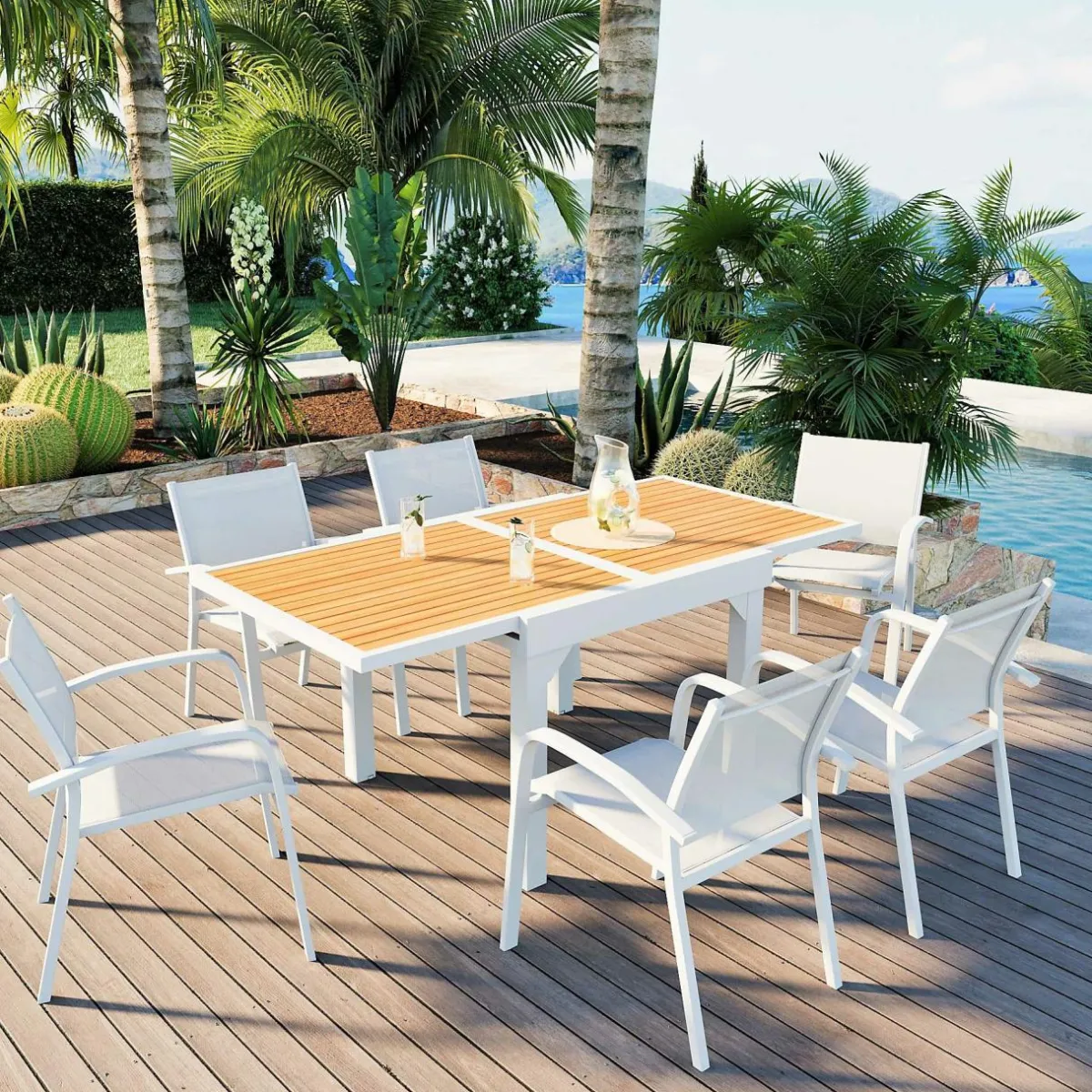 MOBELLIA Table de jardin extensible en aluminium 8 places effet bois (90/180 x 90 cm) Murano Blanc Sale