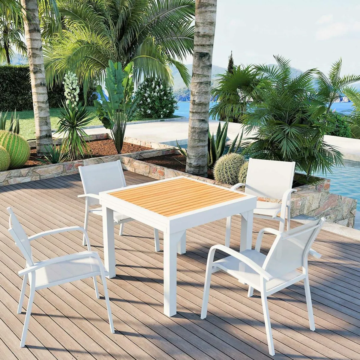MOBELLIA Table de jardin extensible en aluminium 8 places effet bois (90/180 x 90 cm) Murano Blanc Sale