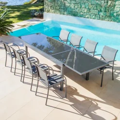 MOBELLIA Table de jardin extensible en verre 10 places (135/270 x 90 cm) Murano Gris Anthracite New