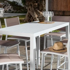 MOBELLIA Table de jardin haute en aluminium 6 places (160 x H105 cm) Murano Blanc Hot