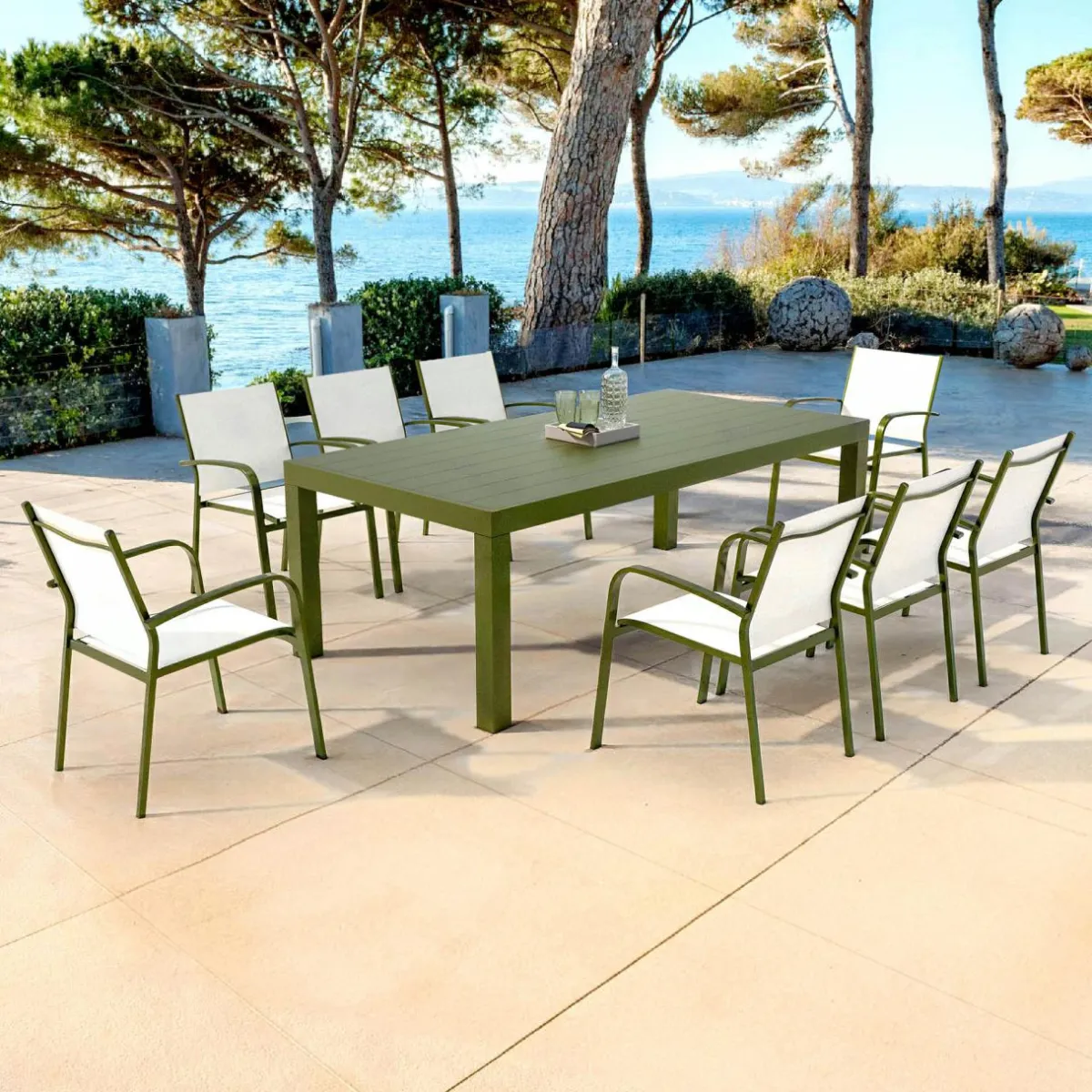 MOBELLIA Table de jardin rectangulaire aluminium 8 places (210 x 100 cm) Murano Vert olive New