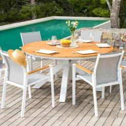 MOBELLIA Table de jardin ronde en aluminium et bois teck 8 places (D140 cm) Bali Blanc