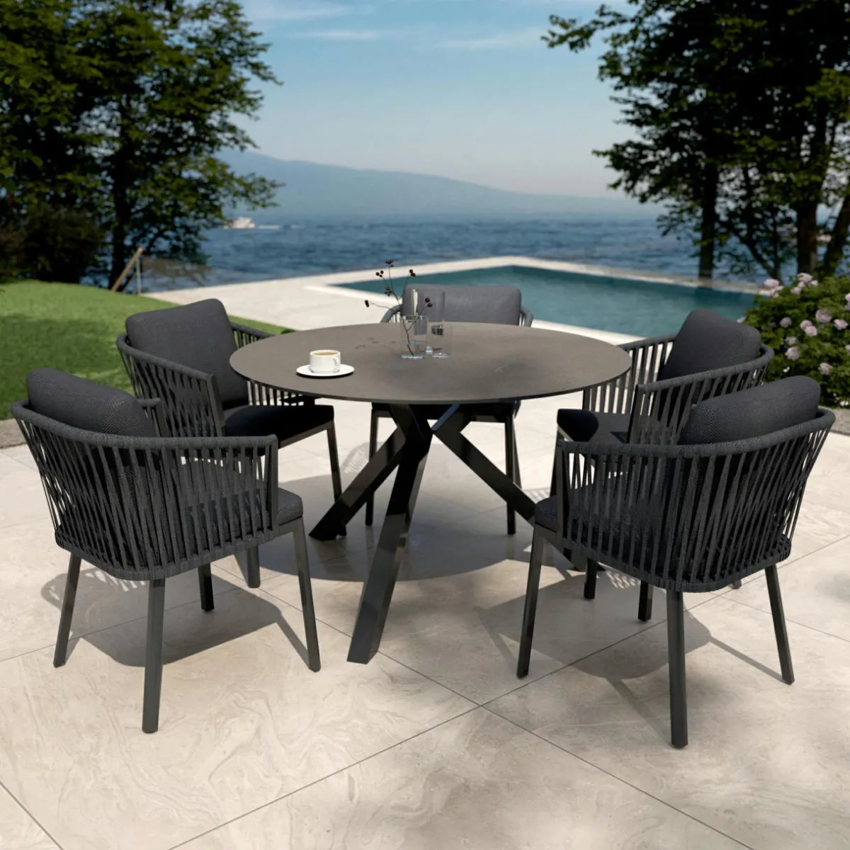 MOBELLIA Table de jardin ronde en aluminium et céramique 6 places (D120 cm) Kore Gris Anthracite Hot