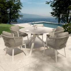 MOBELLIA Table de jardin ronde en aluminium et céramique 6 places (D120 cm) Kore Blanc Discount