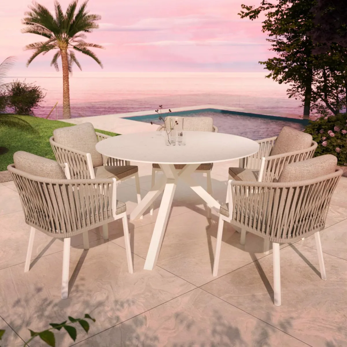 MOBELLIA Table de jardin ronde en aluminium et céramique 6 places (D120 cm) Kore Blanc Discount