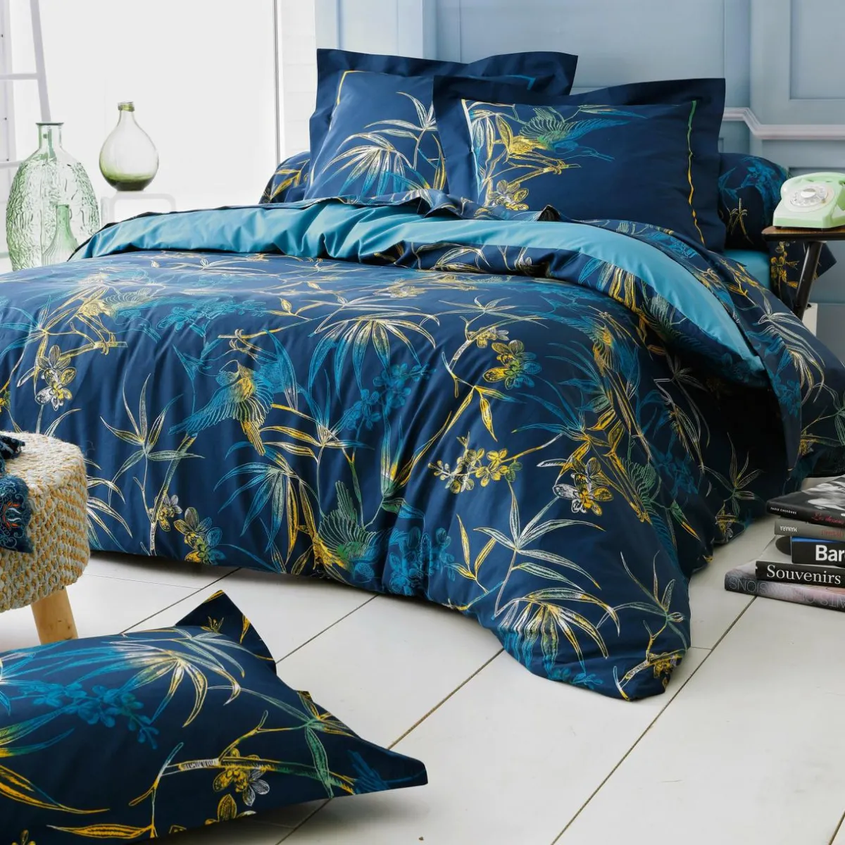 TRADILINGE Taie de traversin coton (L200 cm)Kimono e Bleu New