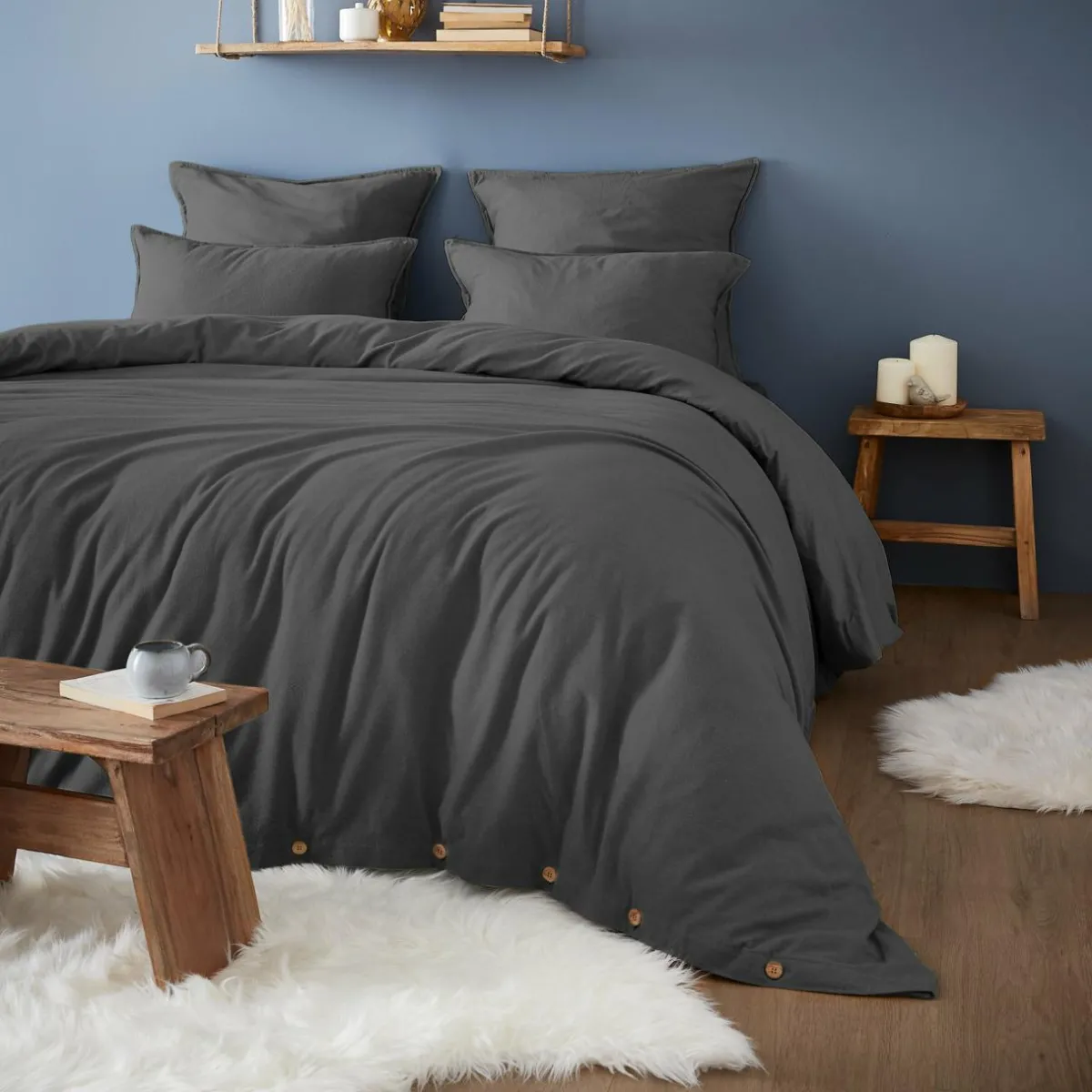 EMINZA Taie d'oreiller carrée flanelle de coton (63 x 63 cm) Théa Gris Anthracite Best