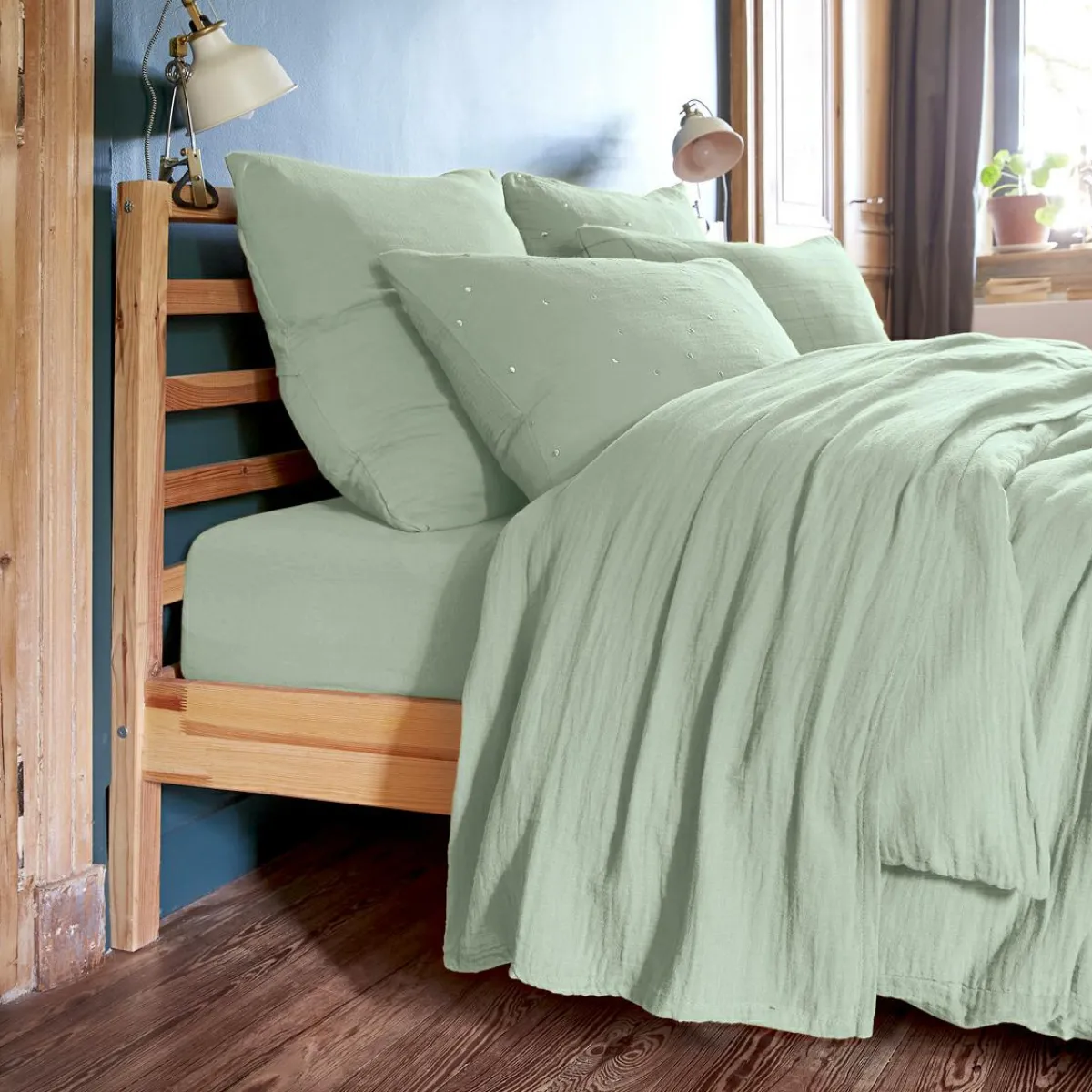 EMINZA Taie d'oreiller carrée gaze de coton (60 x 60 cm) Gaïa Chic Vert Eucalyptus Clearance