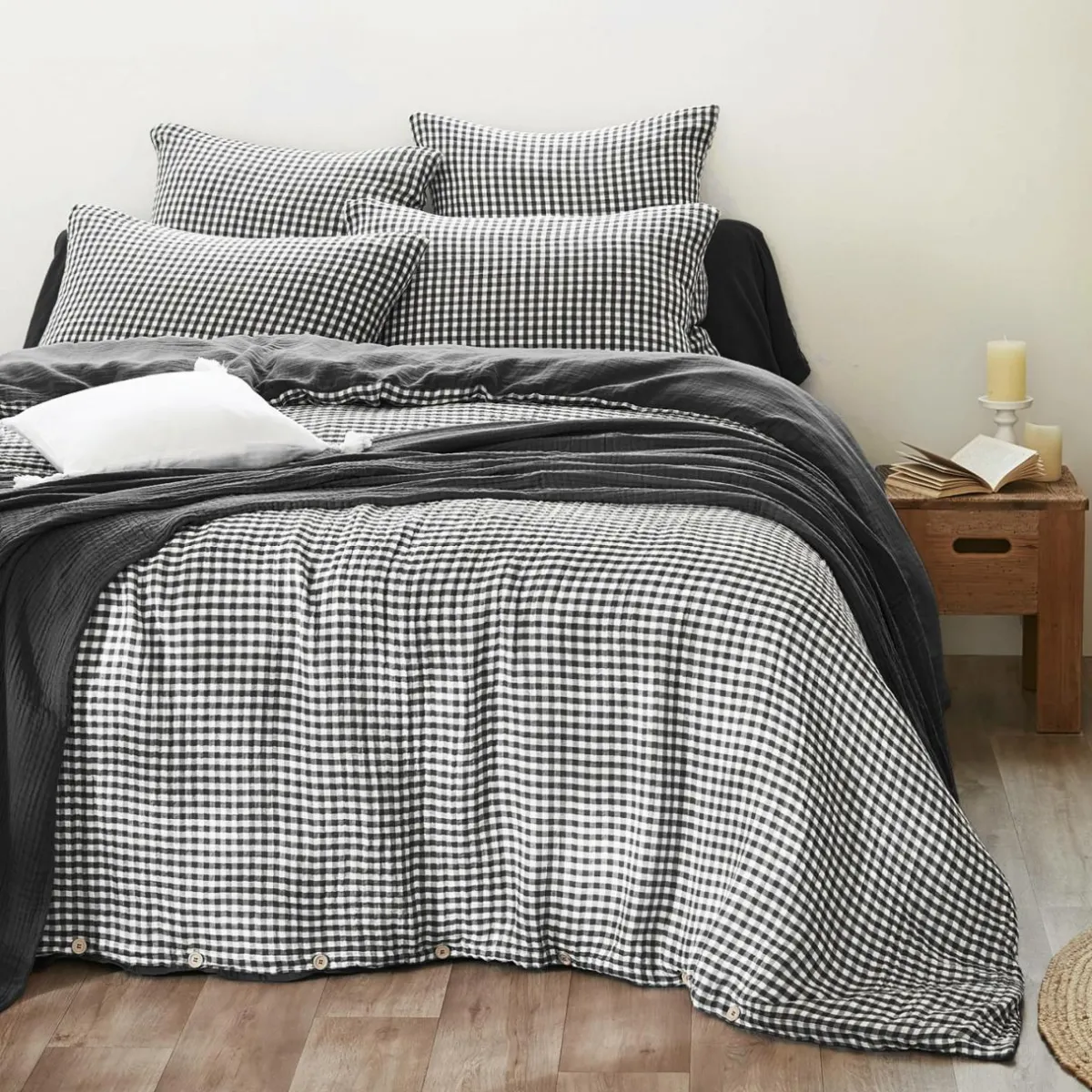 EMINZA Taie d'oreiller carrée gaze de coton (60 x 60 cm) Gaïa vichy e Noir Outlet