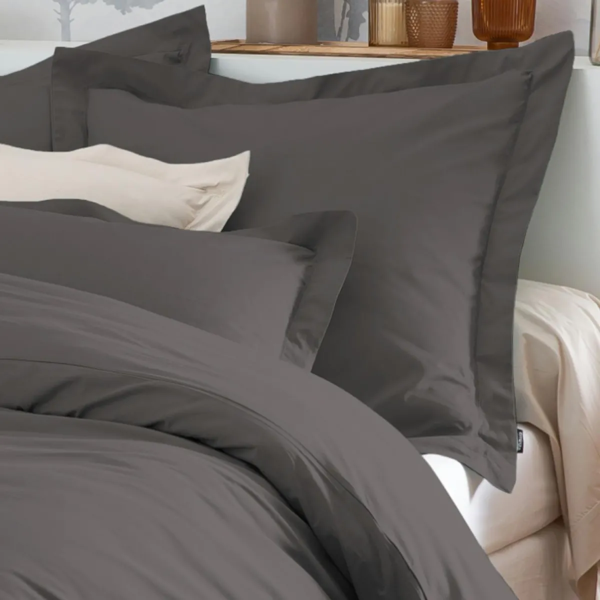 EMINZA Taie d'oreiller carrée percale de coton (80 x 80 cm) Cali Gris Anthracite Clearance